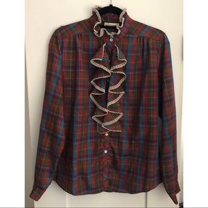 Vintage plaid blouse shirt ruffle collar lace detail western cottagecore